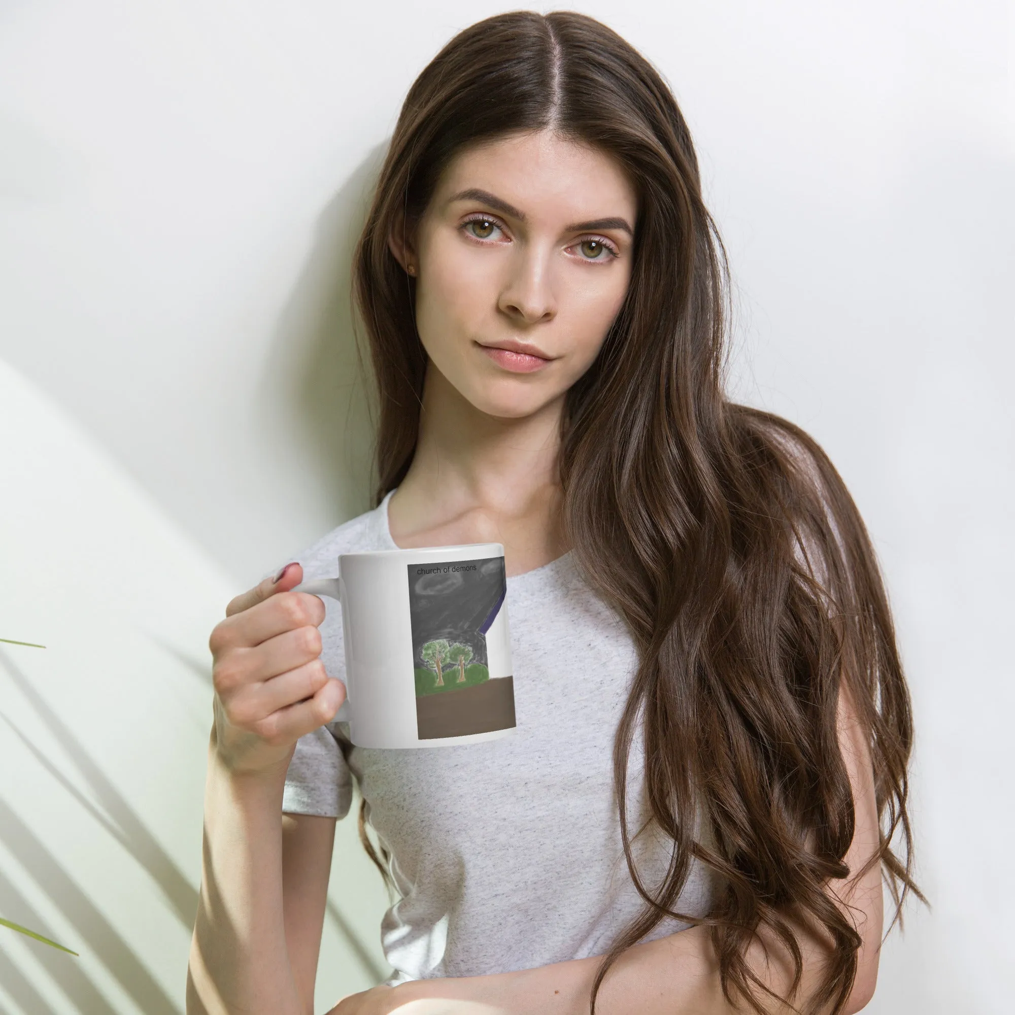 White glossy mug church of demons