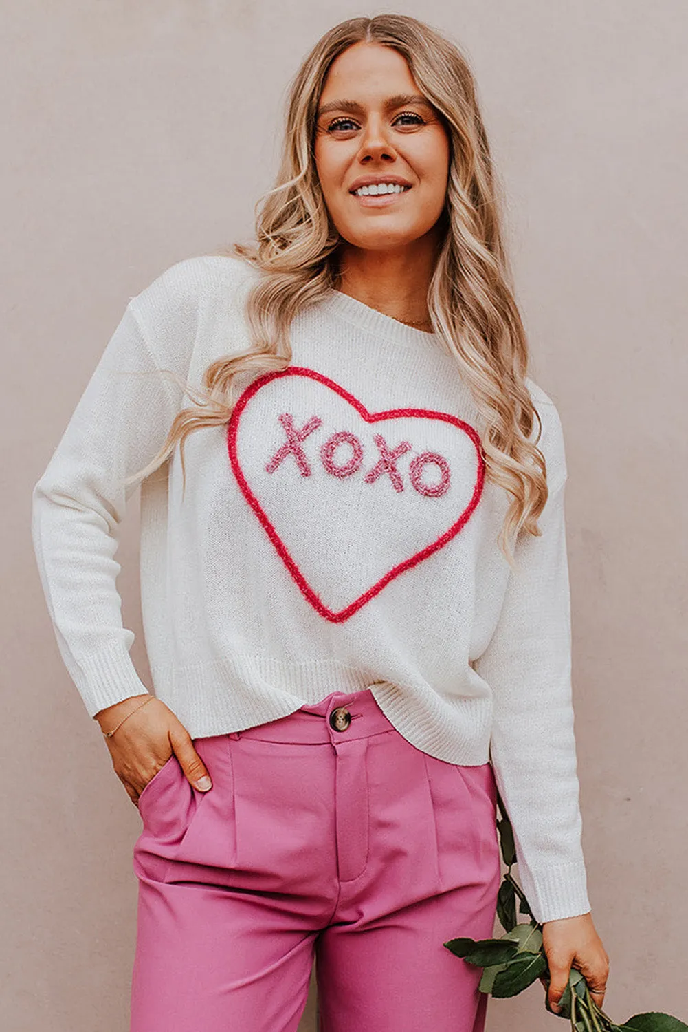 White Heart XOXO Pattern Casual Sweater