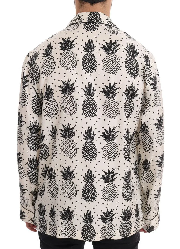 White Silk Pineapple Print Casual Shirt