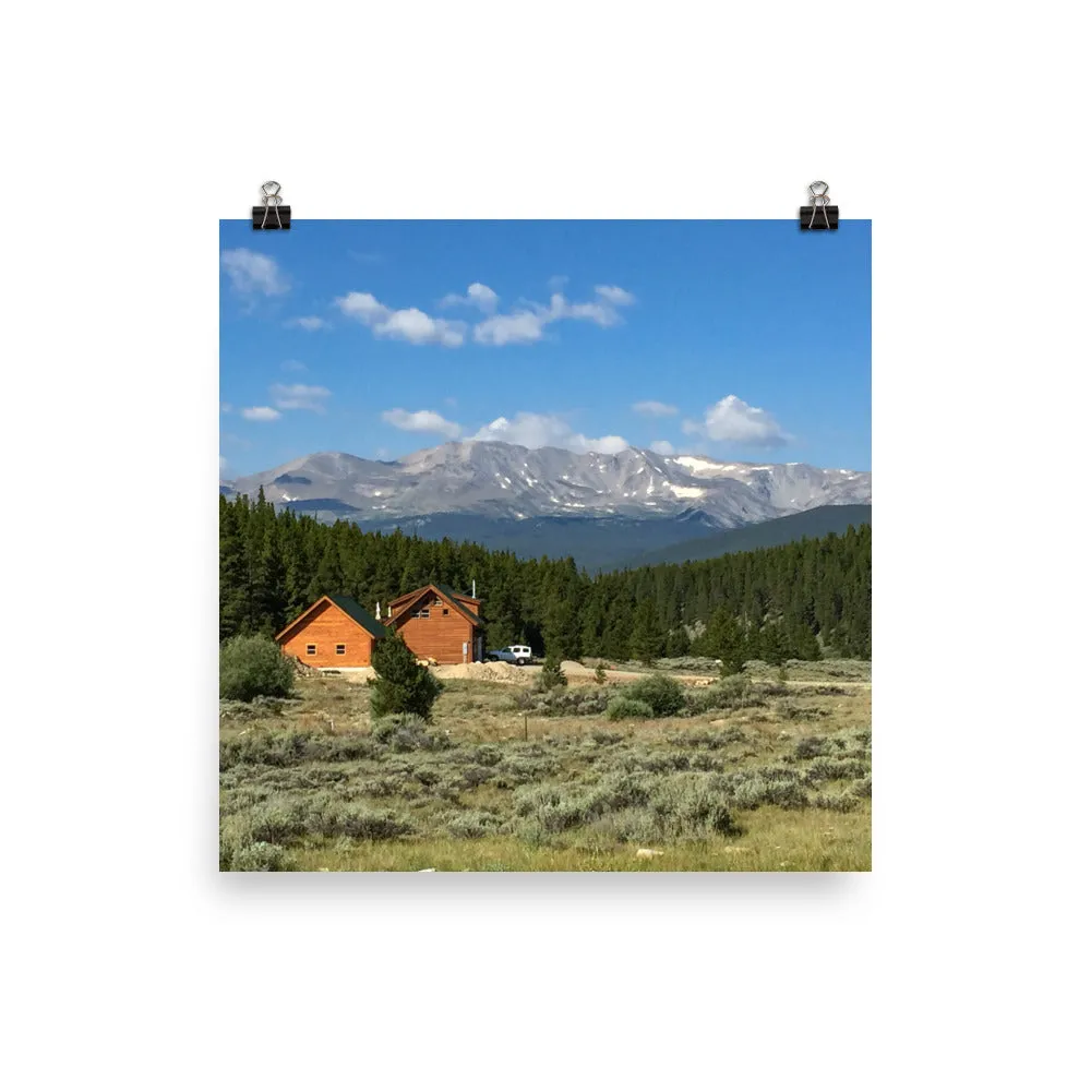 Wood home against pine trees and mountains - Print