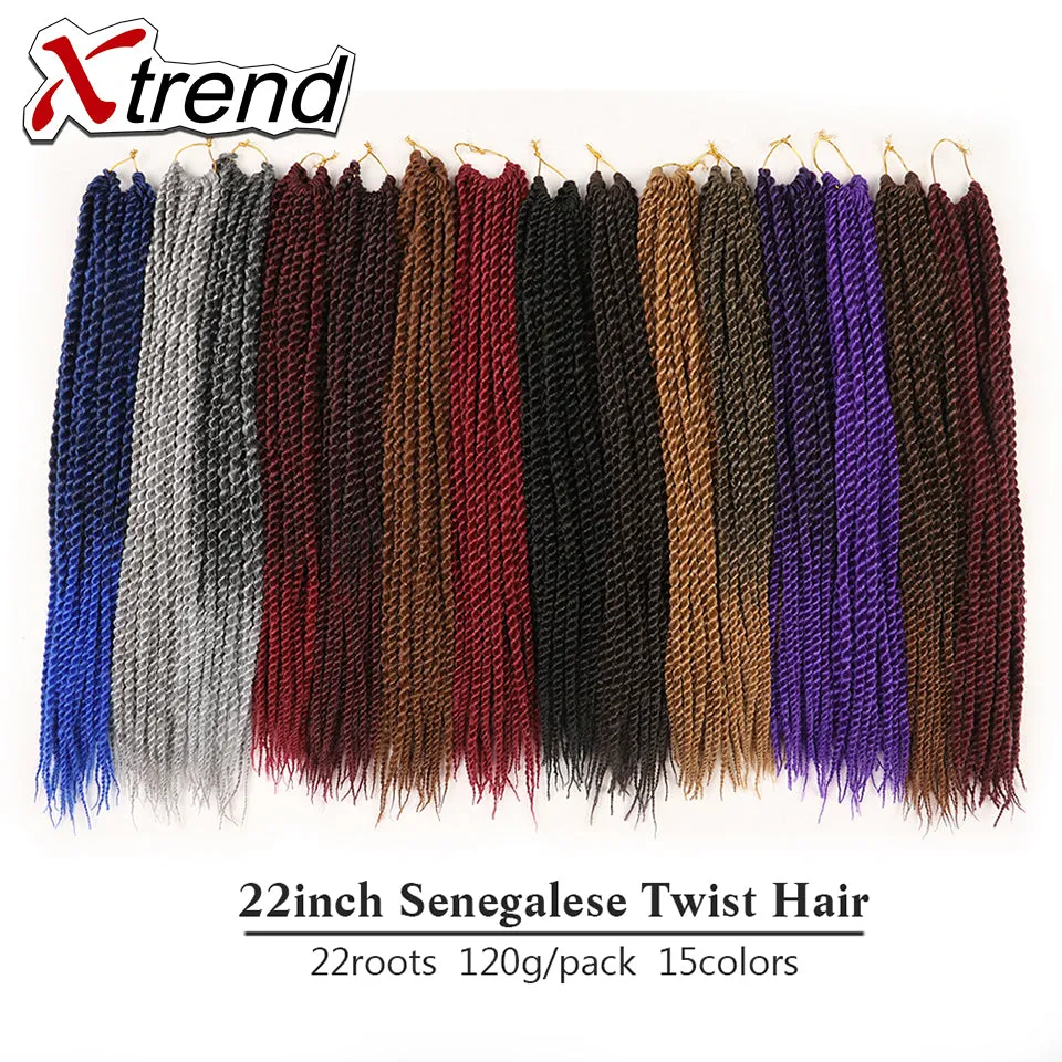 Xtrend Senegalese Twist Colorful Hair Crochet Braid Hair 22'' 22roots 120g Synthetic Ombre Braiding Hair Extension Rainbow Hair